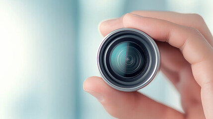 Close up of a hand adjusting a security camera lens against a neutral background. The focus is on the lens, with the hand slightly out of focus