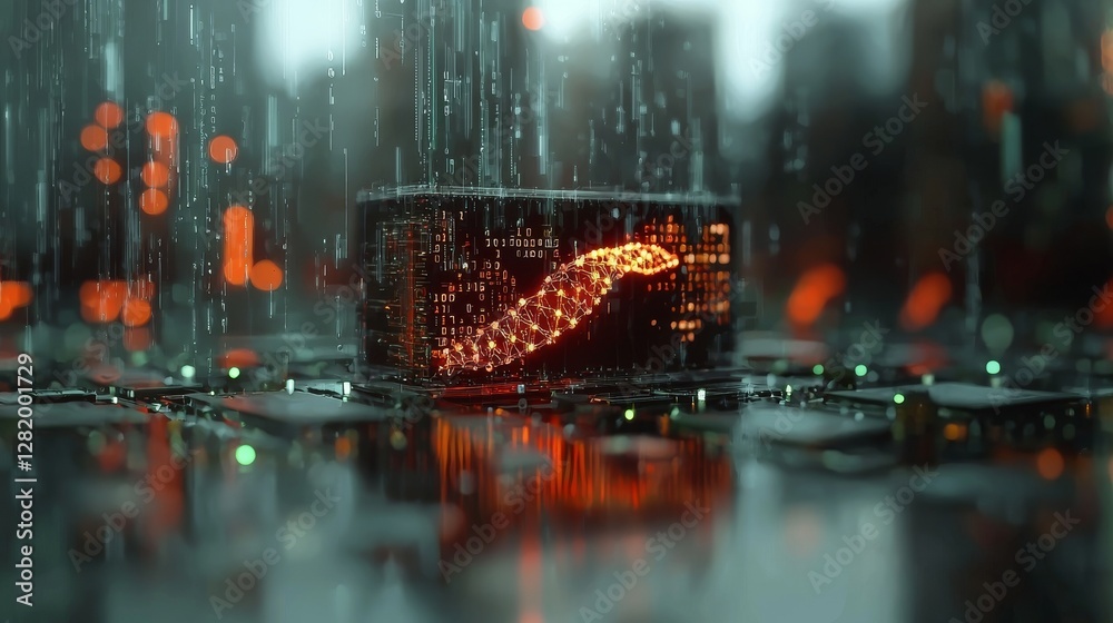 Poster emerging from a microchip, a futuristic helix of digital dna is enveloped by binary code and glowing