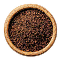 Coffee powder in wooden cup top view isolated on transparent background