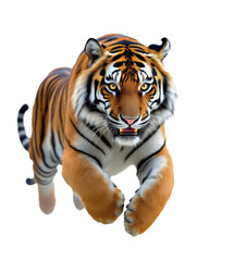 Naklejka premium Dynamic Bengal Tiger Leaping Forward with Intense Gaze and Striking Striped Fur, Isolated on Transparent and White Background