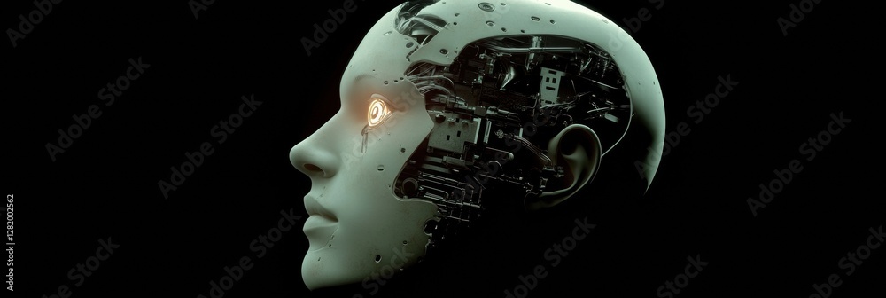 Poster side profile of a human head showcasing intricate mechanical designs and a glowing robotic eye with 