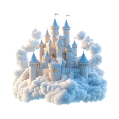 Fluffy 3D Cartoon Castle Surrounded by Soft Clouds Isolated on Transparent Background