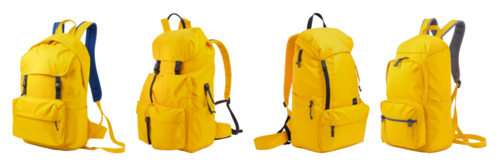 yellow tourist backpack isolated on a white and transparent background