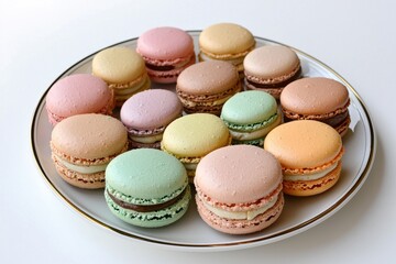 Fototapeta premium A top-down view of pastel-colored macarons neatly arranged on a white and gold-rimmed plate, creating a visually appealing dessert scene.
