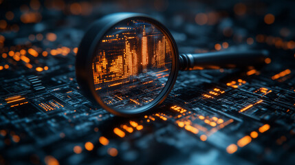 Futuristic Financial Analysis with Magnifying Glass on Digital Circuit Board