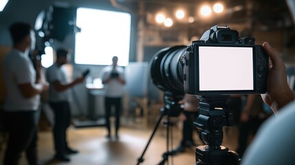 hand holding camera with blank white screen. Background businessmans crew working with new startup project 