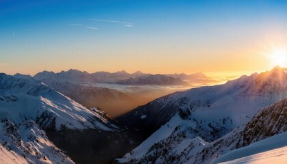 A vast snowy mountain range at dawn, with the first rays of the sun casting a soft glow over the peaks, creating a serene and majestic winter landscape, perfect for adventure and nature themes.
