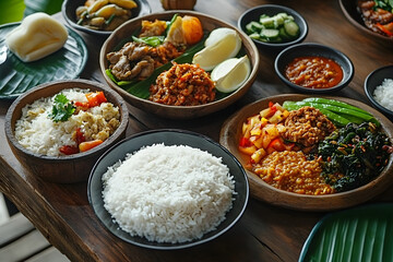 Diverse Indonesian cuisine feast with various dishes, rice, and side dishes on rustic wooden table.
