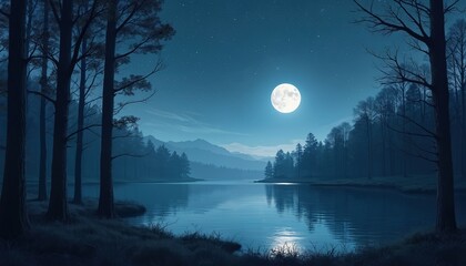 Fototapeta premium Tranquil forest landscape at night, stars shine in dark blue sky. Full moon illuminates water, reflecting light. Silhouetted trees line shore lake, mountains visible distance. Generative AI art.