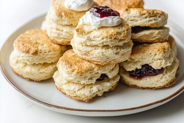 A tempting stack of freshly baked scones with clotted cream and jam, presented on a delicate plate, ready for a delightful afternoon tea experience and enjoyment.