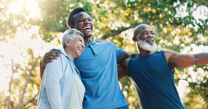 Senior, people and coach for fitness outdoor of mobility training, funny discussion and morning routine. Below, elderly community and laugh with conversation, exercise joke and cardio workout at park