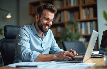 Fototapeta premium Successful bearded businessman works with laptop in office. Smiling man satisfied with work results, achievements types on keyboard. Person inside office paperwork with documents, accounts. Happy