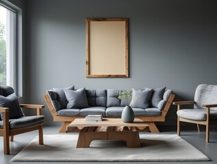 minimalist living room with wooden couch