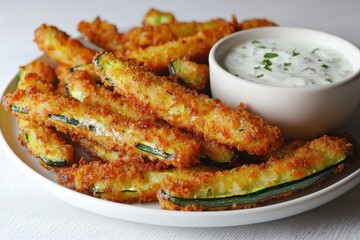A plate of crispy zucchini fries with a creamy dipping sauce, perfect as a delicious appetizer or side dish for a healthy and satisfying meal option.