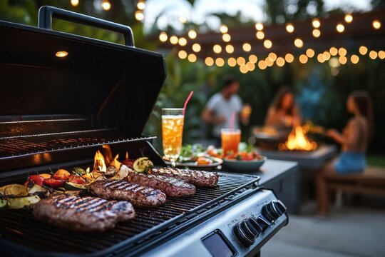 Enjoying a summer evening barbecue with friends in a beautiful backyard setting