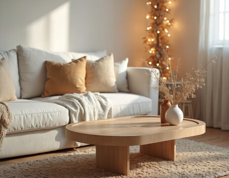 Cozy living room interior design with wooden coffee table, sofa with pillows, decorative elements. Modern home decor mock up with blank space for product placement. Natural light, soft colors create