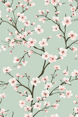 Fototapeta premium Delicate pink cherry blossoms bloom on branches against a soft green background in a springtime pattern