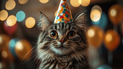 Happy cat wearing a colorful party hat surrounded by balloons and confetti at a joyful celebration indoors