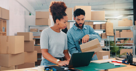 Box, laptop and planning with people in distribution warehouse for logistics or supply chain....