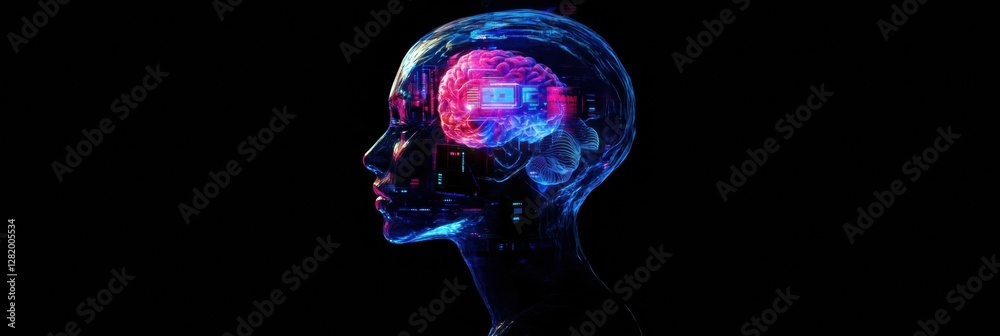 Leinwandbilder side profile of a human head displays intricate mechanical structures and glowing robotic eye in a f