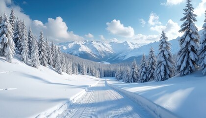 Fototapeta premium Winter landscape with snow-covered road leading to mountains, clear blue sky. Forest of fir trees covered in snow, winter wonderland. Cold season scenic views. Sunny day, snowdrifts.