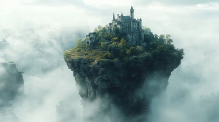 Fototapeta premium An elaborate fantasy landscape with a mystic castle perched on a cliff, surrounded by swirling mists and enchanted forests.