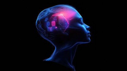 Obraz premium Profile of a human head showcasing advanced mechanical structures and glowing cybernetic enhancements for a futuristic vision. Generative AI