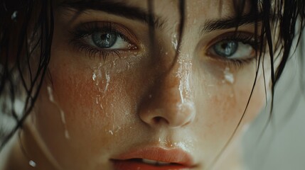 A close-up of a woman's face with smudged mascara and eyeliner, tears streaming down her cheeks, capturing an emotional, raw moment.