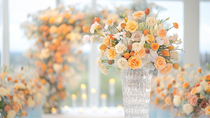 A beautiful vase that is filled with vibrant orange and white flowers is gracefully sitting on a table, enhancing the decor of the room, copy space