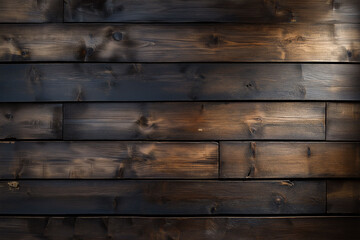 Naklejka premium Dark stained wooden wall with a rustic texture showcasing the natural grain patterns and knots in the wood