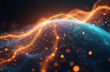 Futuristic big data visualization, connecting neural network on Earth. Generative AI illustration of light trails, blue energy waves and golden bokeh dots. Transfer of data in digital cyberspace.