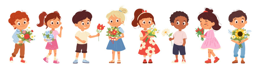 Collection of children holding flower bouquets Happy girls and boys presenting bunch Cartoon vector characters design for Mother's Day or Women's day greeting card, flyer, invitation, illustration