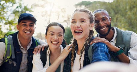 Selfie, hiking and people with smile, diversity and bonding together with journey. Face, outdoor and friends with fitness, travel and group with break, profile picture and adventure with wellness