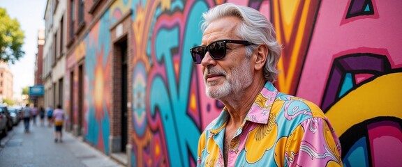 Fototapeta premium Stylish elderly man in vibrant shirt posing against colorful urban art for blogs, fashion inspiration, and active aging lifestyle content