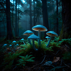 Fototapeta premium Bioluminescent Mushrooms Glowing in a Dark Forest 