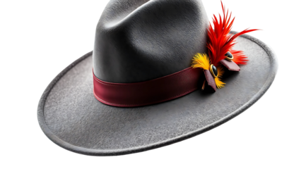 A dashing grey fedora adorned with vibrant red and yellow feathers, a statement piece of sophisticated style showcasing exquisite craftsmanship against a clean white background.