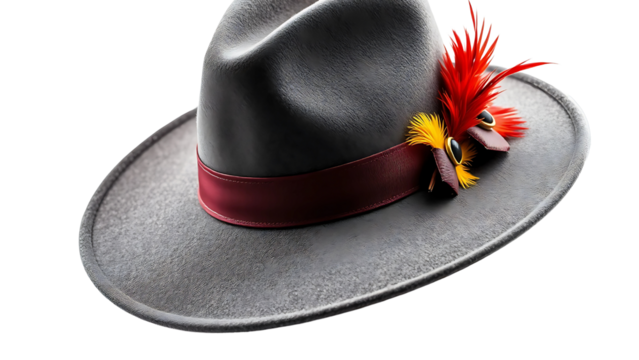 A dashing grey fedora adorned with vibrant red and yellow feathers, a statement piece of sophisticated style showcasing exquisite craftsmanship against a clean white background.