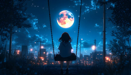 Girl on swing, night, moon, cityscape.  Possible use digital art, wallpaper