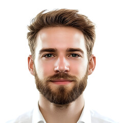 Fototapeta premium Portrait of a young man with brown hair and beard, smiling against a bright white background. Professional headshot.