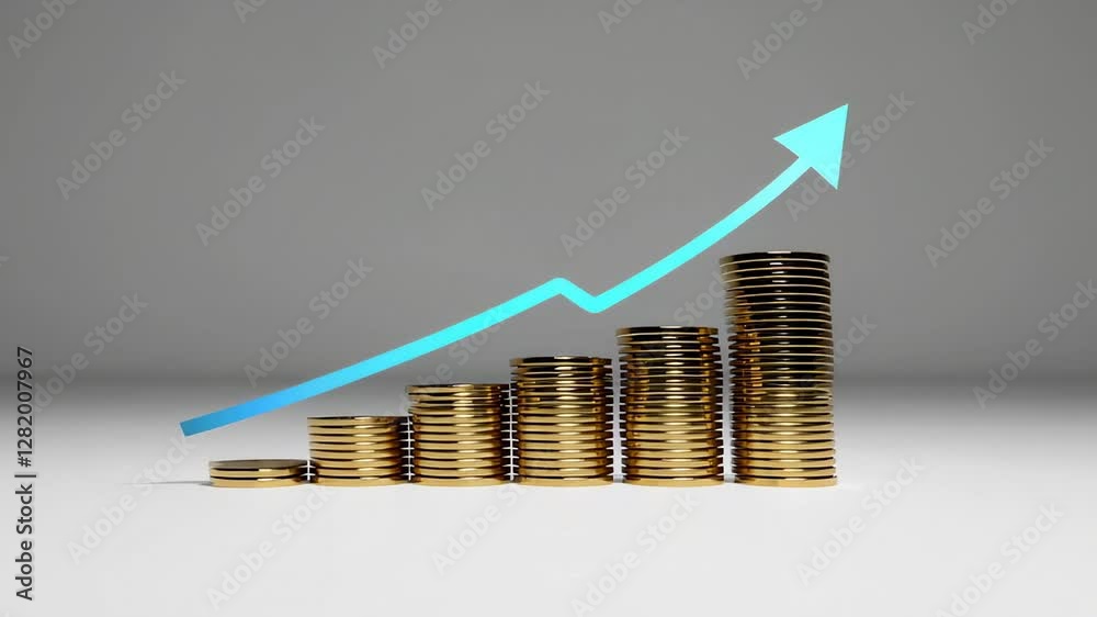 Aufkleber stacks of gold coins gradually increase in size with a blue rising line graph overlay, isolated on a