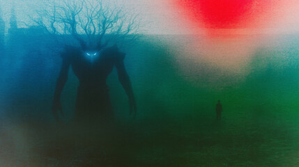 Enigmatic forest creature looms near silhouetted figure under vibrant red sky