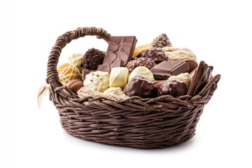 Assorted chocolates and cookies in a wicker basket.
