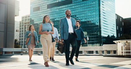 Professional, walking and happy business people in city on morning commute, travel and journey....