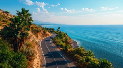 A winding coastal road hugs the shoreline, bordered by vibrant greenery and palm trees, with a serene blue ocean and a bright sky in the background.