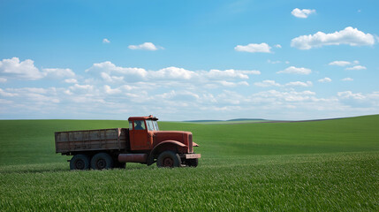 Determined farmer navigating an old grain truck through vibrant green fields under a clear blue sky in the countryside during the day