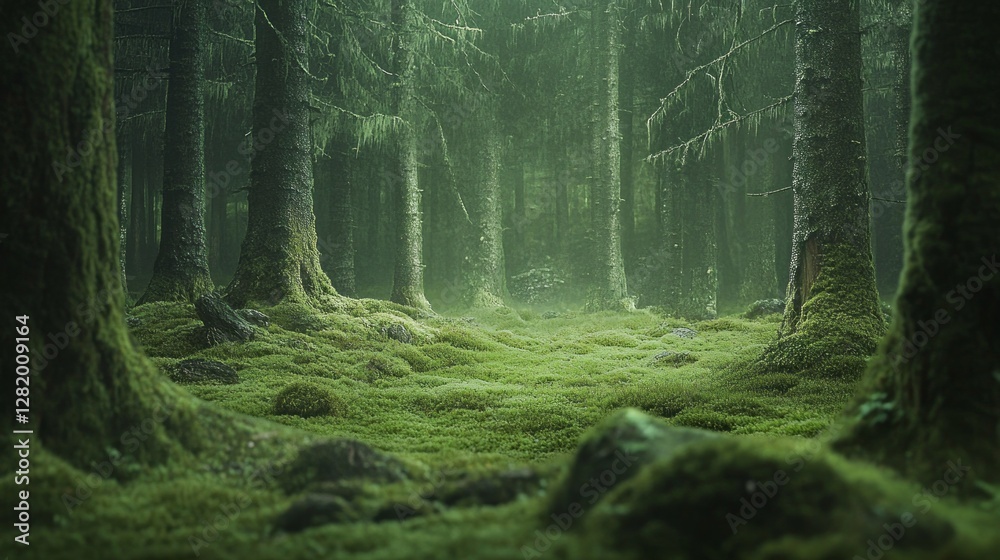 Poster sunlight filters through a dense canopy, illuminating the vibrant green of moss that carpets the for