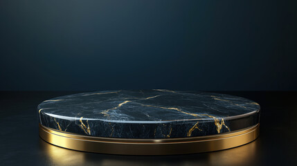 Obraz premium A 3D Rendering of a Black Marble Podium with Gold Accents, Set Against a Dark Navy Blue Room Background with Subtle Light Gradients and Shadows, Perfect for a Luxury Product Shelf Display