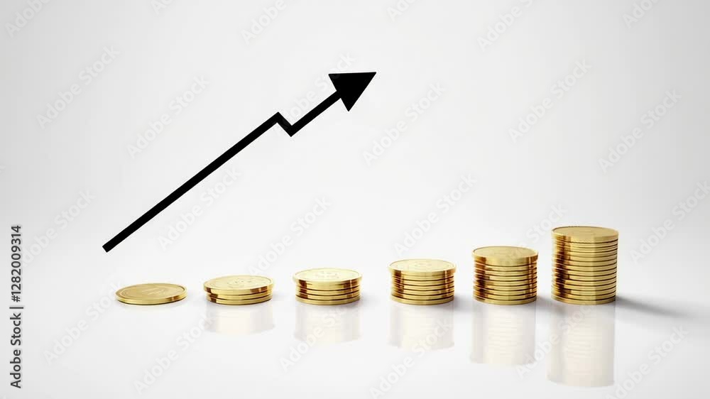 Poster gradual stacking of golden coins rising alongside ascending financial arrow, representing progressiv