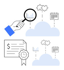 Hand with magnifying glass examines cloud data with chart, puzzle pieces, and calendar icons. Certificate with seal and dollar sign. Ideal for data analysis, cloud computing, financial auditing