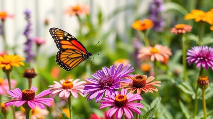 Obraz premium Butterfly's Garden Delight: A Flutter of Beauty over Wildflowers